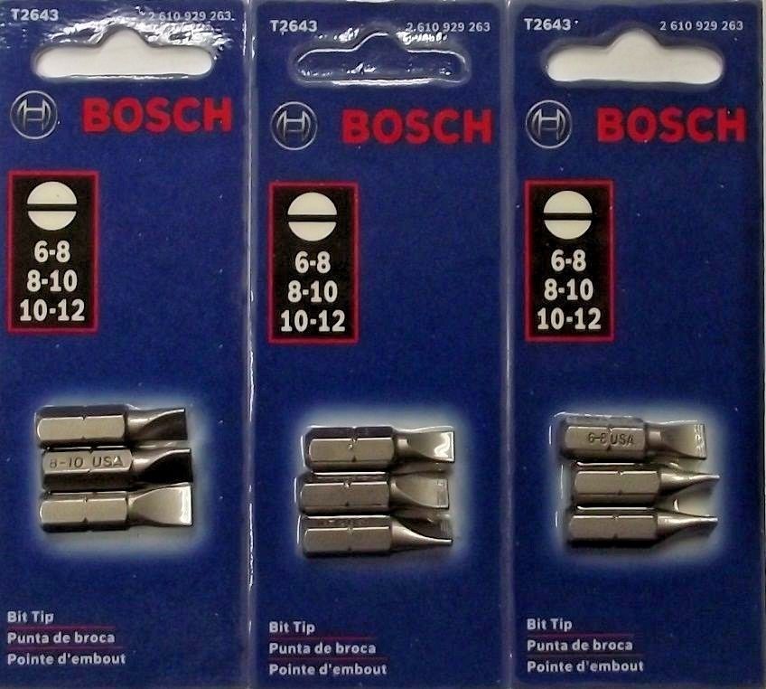Bosch T2643 3 pc. Slotted Bit Tips 3-3 Packs 6-8, 8-10, 10-12 USA Supply
