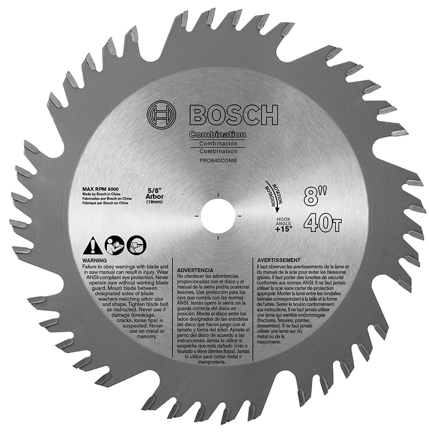 Bosch PRO840COMBB 8″ x 40T Combination Saw Blade 5/8″ Arbor on Sale
