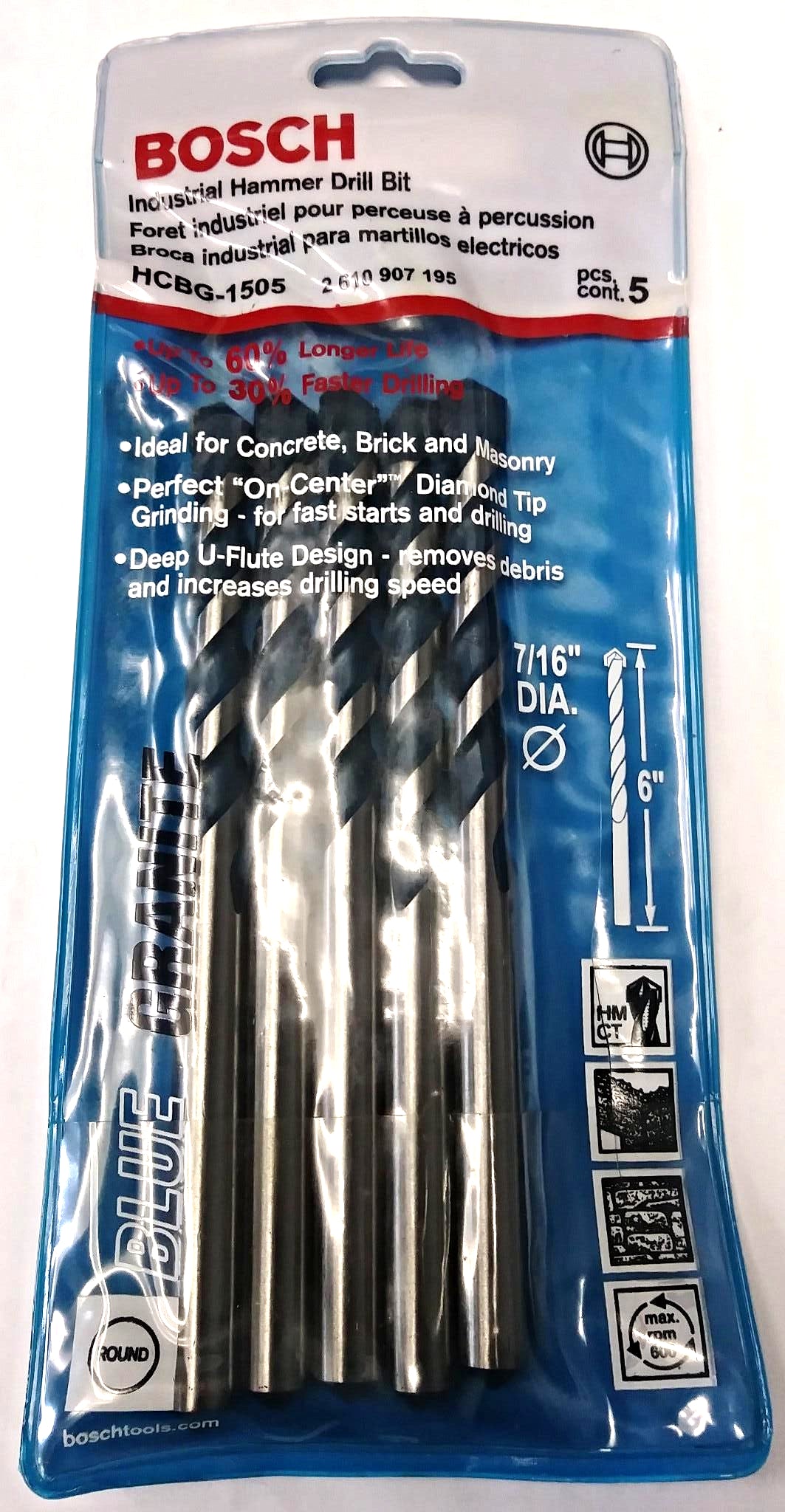 Bosch HCBG-1505 7/16″ x 4″ x 6″ Blue Granite Hammer Drill Bit 5 Pack Germany on Sale
