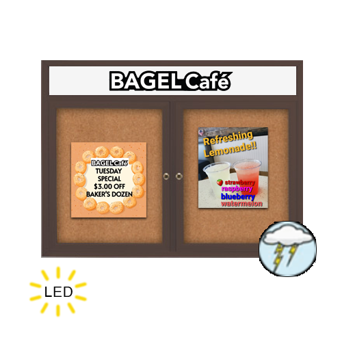 72 x 36 Enclosed Outdoor Bulletin Boards with Header & Lights 2 DOOR Fashion