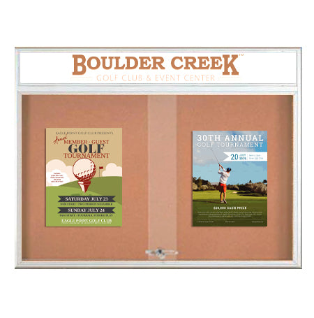 60 x 36 Indoor Bulletin Cork Boards with Personalized Header & Lights (RADIUS EDGE) (2 Sliding Glass Doors) Online