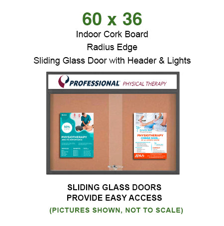 60 x 36 Indoor Bulletin Cork Boards with Personalized Header & Lights (RADIUS EDGE) (2 Sliding Glass Doors) Online