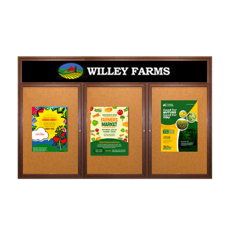 72 x 36 Indoor Wood Enclosed Bulletin Boards with Header & Lights (3 DOORS) on Sale