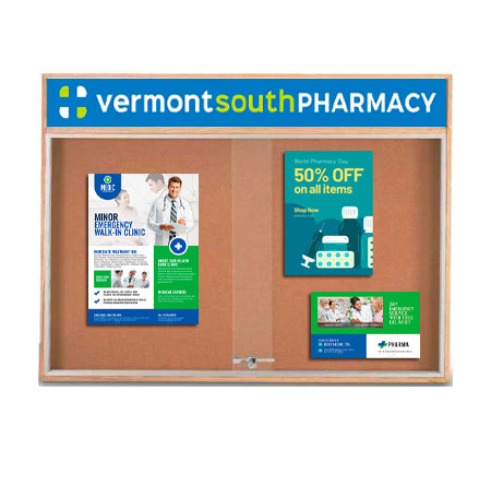 60 x 24 Indoor Enclosed Wood Bulletin Boards with Sliding Glass Doors and Message Header Online