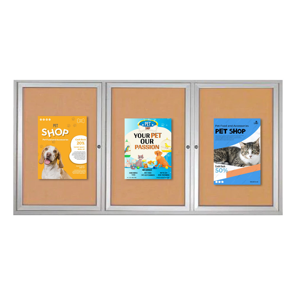 96 x 30 INDOOR Enclosed Bulletin Cork Boards 3 DOOR Fashion