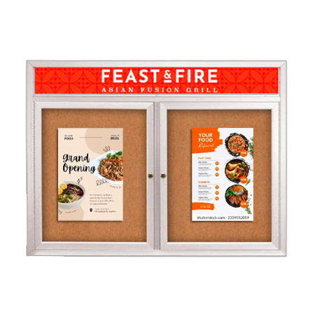 96×30 Outdoor Bulletin Boards with Two Doors + Message Header + Sleek Radius Edge Display Case Corners Sale
