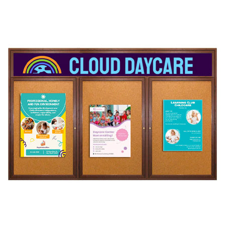 96 x 48 WOOD Indoor Enclosed Bulletin Cork Boards with Message Header (3 DOORS) Online