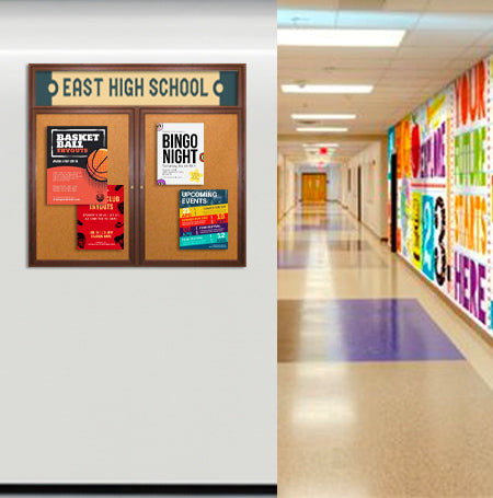 84 x 36 WOOD Indoor Enclosed Bulletin Cork Boards with Message Header (2 DOORS) Fashion