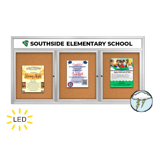 96 x 36 Enclosed Outdoor Bulletin Boards with Header & Lights 3 DOOR on Sale