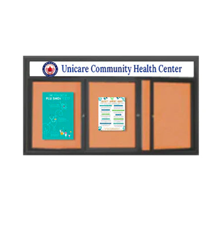 Enclosed Indoor Enclosed Bulletin Boards 84 x 36 w Message Header + Radius Edge 3 DOOR Sale
