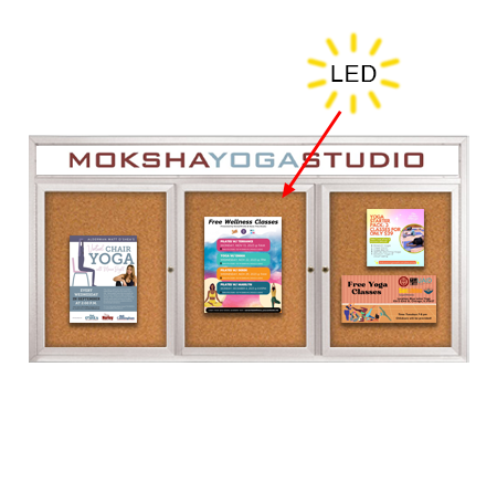 Enclosed Indoor Bulletin Boards 72 x 24 with Header & Lights (Radius Edge) (3 DOORS) Online Hot Sale