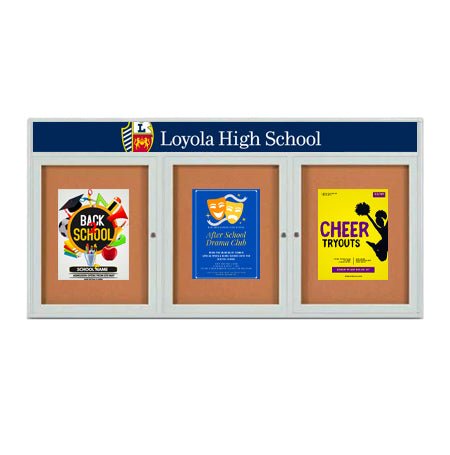 Enclosed Indoor Enclosed Bulletin Boards 84 x 30 w Message Header + Radius Edge 3 DOOR Supply