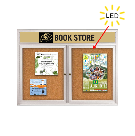 Enclosed Indoor Bulletin Boards 48 x 36 with Header & Lights (Radius Edge) (2 DOORS) Discount