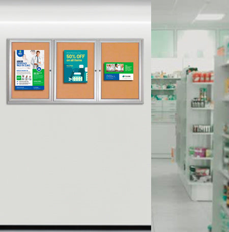 Enclosed Indoor Bulletin Boards 96 x 48 with Interior Lighting and Radius Edge (3 DOORS) on Sale
