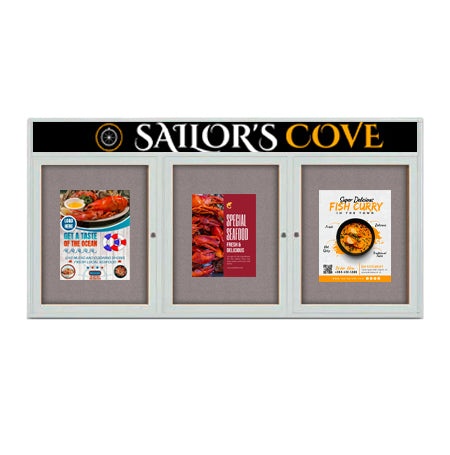 Enclosed Indoor Enclosed Bulletin Boards 72 x 36 w Message Header + Radius Edge 3 DOOR Sale