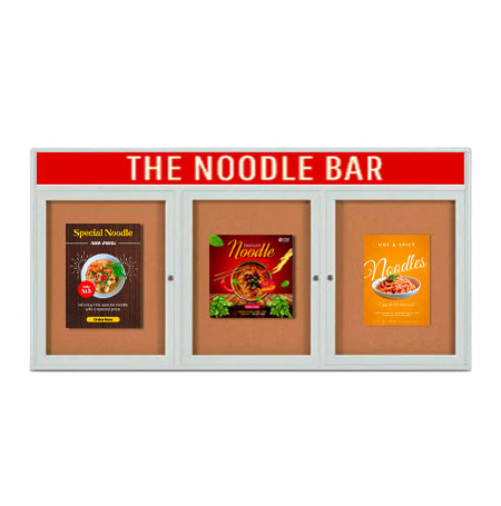 Enclosed Indoor Enclosed Bulletin Boards 96 x 24 w Message Header + Radius Edge 3 DOOR Supply