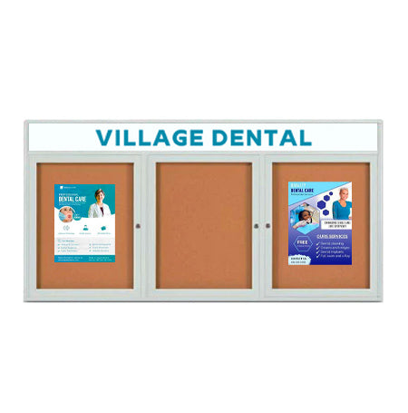 Enclosed Outdoor Bulletin Boards 96 x 24 with Message Header and Radius Edge (3 DOORS) Discount
