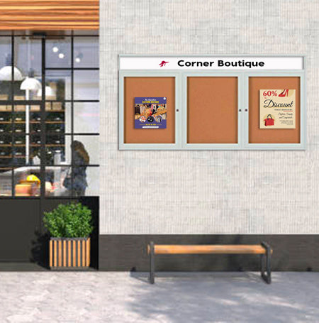 Enclosed Outdoor Bulletin Boards 84 x 36 with Message Header and Radius Edge (3 DOORS) Discount