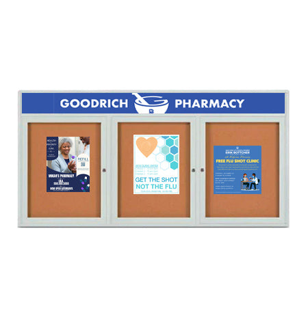 Enclosed Outdoor Bulletin Boards 84 x 36 with Header & Lights (Radius Edge) (3 DOORS) Discount